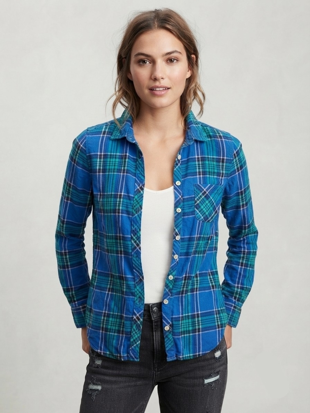 American Eagle Outfitters - Blue and Green Plaid Button-Down Shirt